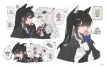 animal_ears arknights black_hair black_jacket blue_gloves blue_necktie fangs fingerless_gloves gloves grey_eyes grey_hair hair_between_eyes highres jacket korean_text lappland_(arknights) lappland_the_decadenza_(arknights) long_hair necktie official_alternate_costume red_necktie seri_(vyrlw) shirt speech_bubble teeth texas_(arknights) texas_the_omertosa_(arknights) translation_request two-tone_necktie white_shirt wolf_ears wolf_girl yellow_eyes 