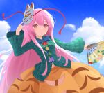  1girl absurdres blue_bow blue_bowtie blue_sky bow bowtie breasts buttons chinese_commentary cloud commentary_request day folding_fan fox_mask hand_fan hata_no_kokoro highres holding holding_fan long_hair long_sleeves looking_at_viewer mask mask_on_head medium_breasts navel orange_skirt pink_eyes pink_hair plaid_clothes plaid_shirt shirt skirt skirt_cutout sky solo touhou very_long_hair wide_sleeves wrainman 