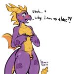  1:1 2021 activision anthro blush bottomwear bulge clothed clothing dated dragon english_text famir_(artist) front_view horn looking_down male navel nipples open_mouth open_smile orange_bottomwear orange_clothing orange_underwear portrait purple_body purple_eyes signature simple_background smile solo spyro spyro_the_dragon standing text three-quarter_portrait underwear video_games white_background yellow_body yellow_horn 