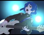  1girl black_shirt blue_background bocchi_the_rock! breasts commentary_request cowboy_shot dutch_angle ear_piercing electric_guitar from_below guitar hair_ornament hairclip high_collar highres instrument mantan2222 mole mole_under_eye music open_mouth parallel_hairclips piercing playing_guitar playing_instrument shirt short_hair small_breasts solo spotlight sweat teeth yamada_ryo yellow_eyes 