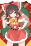 1girl absurdres alternate_costume belt black_belt bow bowtie brown_eyes brown_hair capelet chinese_commentary christmas closed_mouth commentary_request dress frilled_bow frilled_hair_tubes frills fur-trimmed_capelet fur-trimmed_dress fur_trim hair_bow hair_tubes hakurei_reimu highres holding holding_sack long_hair looking_at_viewer pom_pom_(clothes) red_bow red_capelet red_dress sack santa_costume santa_dress smile solo touhou wrainman yellow_bow yellow_bowtie 