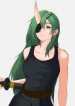  1girl absurdres arknights bare_arms bare_shoulders belt black_tank_top breasts brown_belt collarbone commentary_request eyepatch green_eyes green_hair grey_background hair_between_eyes highres horns hoshiguma_(arknights) large_breasts linlin long_hair simple_background single_horn solo tank_top upper_body very_long_hair 