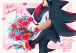  1boy absurdres animal_nose black_fur blue_flower blush border bouquet candy chocolate closed_mouth commentary cowboy_shot english_commentary flower food from_side furry furry_male gloves happy_valentine heart heart-shaped_chocolate heart-shaped_food highres holding holding_bouquet instagram_logo instagram_username looking_at_viewer male_focus pink_background red_eyes red_flower red_rose rose shadow_the_hedgehog shiiyou short_tail sonic_(series) sparkle standing tail twitter_username twitter_x_logo two-tone_fur watermark white_border white_gloves 