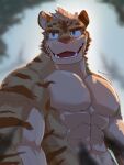 2021 abs abstract_background absurd_res anthro artist_name big_muscles blue_eyes brown_ears brown_eyebrows brown_stripes colored countershade_arms countershade_face countershade_fur countershade_neck countershade_torso countershading dated digital_drawing_(artwork) digital_media_(artwork) english_text eyebrows facial_markings fangs felid front_view fur hair half-length_portrait head_markings hi_res inner_ear_fluff kuromonsart looking_at_viewer male mammal markings multicolored_body multicolored_fur muscular muscular_anthro muscular_male nude nude_anthro nude_male open_mouth open_smile pantherine pecs portrait pupils red_tongue smile solo striped_arms striped_body striped_face striped_torso stripes tan_body tan_countershading tan_hair tan_inner_ear tan_inner_ear_fluff teeth text thick_eyebrows tiger tongue tongue_showing tuft two_tone_body two_tone_fur white_sclera