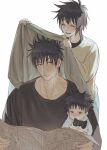  1girl 2boys baby black_hair black_shirt blanket carrying carrying_baby carrying_person child closed_eyes closed_mouth collarbone commentary_request family fushiguro_megumi fushiguro_touji highres holding holding_blanket holding_newspaper jujutsu_kaisen long_sleeves megumi's_mother_(jujutsu_kaisen) messy_hair multiple_boys naspibon_ox newspaper shirt short_hair simple_background sitting smile standing white_background 