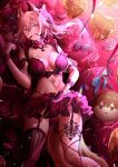  1girl absurdres animal_ear_fluff animal_ears balloon blush bra breasts cleavage collarbone fate/extra fate/extra_ccc fate/grand_order fate_(series) fox_ears fox_girl fox_tail gloves hair_ribbon heart heart_necklace highres jewelry large_breasts looking_at_viewer lying navel necklace on_back pink_bra pink_hair pink_ribbon ribbon sanbon_hijiki single_glove solo split_ponytail tail tamamo_(fate) tamamo_no_mae_(fate/extra) underwear 