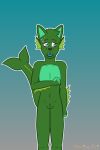  animal_genitalia anthro aquatic blue_eyes blue_mouth bodily_fluids canid canine canis damian_apostolico domestic_dog frill_(anatomy) genital_slit genitals green_body hi_res husky hybrid male mammal navel nordic_sled_dog nude pale_eyes scared scoutthecat02 slim solo spitz sweat sweatdrop 