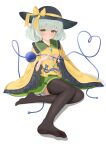  1girl absurdres black_hat blush bow breasts brown_thighhighs buttons chinese_commentary collared_shirt commentary_request diamond_button eyeball floral_print four-finger_heart_hands frilled_shirt_collar frilled_skirt frilled_sleeves frills green_eyes green_hair green_skirt hat hat_bow heart heart_hands heart_of_string highres komeiji_koishi long_sleeves looking_at_viewer medium_hair print_skirt rose_print shirt simple_background skirt small_breasts smile solo thighhighs third_eye touhou white_background wide_sleeves wrainman yellow_bow yellow_shirt 