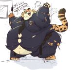 2025 anthro belly benjamin_clawhauser big_belly big_butt big_moobs black_nose blush bodily_fluids breath butt cheetah chubby_cheeks clothing cracked_floor disney double_chin english_text fat_arms fat_legs felid feline fur gesture huge_belly male mammal markings moobs morbidly_obese morbidly_obese_anthro morbidly_obese_male motion_lines navel nipple_outline obese obese_anthro obese_male open_mouth overweight overweight_anthro overweight_male panting pawpads police police_uniform spots spotted_body spotted_fur sweat sweaty_clothing text tongue tongue_out torn_clothing unbuttoned uniform waving white_body white_fur wyrming yellow_body yellow_fur zootopia