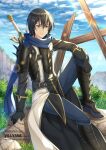  1boy :| amaki_ren arm_on_knee armor artist_name black_armor black_gloves black_hair black_shirt blue_boots blue_eyes blue_pants blue_scarf blue_sky boots breastplate closed_mouth cloud cloudy_sky coat commentary commission double-parted_bangs english_commentary foot_out_of_frame gloves hair_between_eyes high_heel_boots high_heels knee_up legendary_sword_(small_sword)_(tate_no_yuusha_no_nariagari) legendary_sword_(tate_no_yuusha_no_nariagari) looking_at_viewer male_focus on_rock open_clothes open_coat outdoors pants pauldrons scarf serious shin_guards shirt short_hair shoulder_armor single_pauldron sitting sky solo spiked_pauldrons spikes straight_hair sword sword_on_back tate_no_yuusha_no_nariagari twitter_username v-shaped_eyebrows villyane watermark weapon weapon_on_back web_address white_coat 