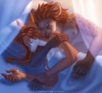 absurd_res anthro artist_name bedding blanket breasts brown_body brown_hair canid canine canis clothed clothing colored digital_drawing_(artwork) digital_media_(artwork) duo ear_piercing ears_down eyes_closed female fingers fox fur fur_markings hair hi_res hug hugging_another hugging_from_behind hyena male male/female mammal markings multicolored_body multicolored_fur multicolored_hair nipples old_squatter piercing pillow pivoted_ears red_body red_hair shaded signature simple_background sleeping spots spotted_body spotted_fur spotted_hyena text veil