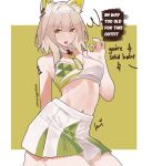  1girl animal_ears arknights breasts cat_ears cat_girl cheerleader claw_pose colored_inner_animal_ears commentary detached_collar english_text furrowed_brow green_eyes green_skirt green_tube_top grey_hair high-waist_skirt kal'tsit_(arknights) kneeling material_growth medium_breasts medium_hair navel nuggetkouhai open_mouth oripathy_lesion_(arknights) patreon_username pleated_skirt skirt solo squiggle strapless sweatdrop tube_top two-tone_skirt two-tone_tube_top white_skirt white_tube_top 