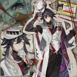  1boy ashveil_(honkai:_star_rail) black_hair bracelet breasts crescent crescent_pin cutoffs earrings eye_print gradient_hair hair_between_eyes hashtag-only_commentary hat highres holding holding_unworn_clothes holding_unworn_hat honkai:_star_rail honkai_(series) jacket jewelry lapel_pin long_hair lower_eyelashes_only male_focus monkey multicolored_hair necklace one_eye_closed open_clothes open_jacket pants single_earring small_breasts tattoo teeth_print thinking tkg_st tooth_necklace unworn_hat unworn_headwear very_long_hair vest waistcoat watch wristwatch 