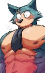  2022 abs anthro barazoku beastars big_muscles big_pecs blush canid canine canis clothed clothing ellipsis fur hi_res huge_muscles legoshi_(beastars) looking_down male mammal muscular muscular_anthro muscular_male necktie nipples obliques pecs scar simple_background solo teseirei topless topless_anthro topless_male tuft white_background wolf 