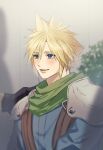  1boy ah_yoshimizu armor black_gloves blonde_hair blue_eyes blue_shirt blush cloud_strife crisis_core_final_fantasy_vii earrings final_fantasy final_fantasy_vii gloves green_scarf hair_between_eyes hand_on_another&#039;s_shoulder highres jewelry long_sleeves looking_at_another male_focus open_mouth out_of_frame plant scarf shirt short_hair shoulder_armor single_earring smile spiked_hair suspenders teeth upper_body upper_teeth 