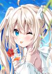  1girl ;p ahoge bangs bare_shoulders bendy_straw bikini blonde_hair blue_eyes blue_hair blue_nails blue_sky blush bow braid closed_mouth cloud commentary_request cup day drinking_straw flower from_side hair_between_eyes hair_bow holding holding_cup indie_virtual_youtuber long_hair looking_at_viewer looking_to_the_side multicolored_hair nail_polish one_eye_closed outdoors red_flower signature sky smile solo streaked_hair swimsuit tongue tongue_out twintails uchuuneko uchuuneko_(vtuber) upper_body virtual_youtuber white_bikini white_bow 