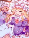  ! 2girls absurdres animal_hat blonde_hair blue_tabard blush breasts cherry_blossoms commentary_request dress falling_petals flower fox_tail frilled_sleeves frills hair_between_eyes hat hat_ribbon highres kitsune large_breasts long_hair long_sleeves masanaga_(tsukasa) mob_cap multiple_girls multiple_tails one_eye_closed open_mouth petals pink_flower pink_petals pink_ribbon purple_dress purple_eyes ribbon sitting sleepy speech_bubble spoken_exclamation_mark tabard tail touhou translated very_long_hair white_dress white_hat wide_sleeves yakumo_ran yakumo_yukari yellow_eyes 