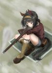  1girl absurdres ahoge animal_ears arisaka black_hair black_shorts blush bolt_action boots brown_boots brown_eyes brown_hairband brown_headband brown_jacket commentary_request ear_covers gun hair_ornament hairband hairclip headband highres horse_ears horse_girl horse_tail jacket knee_up komoro_paint777 logotype_(umamusume) long_hair long_sleeves mismatched_ear_covers parted_lips rifle shorts sitting socks tail umamusume weapon white_socks 