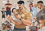  ! !! !? +++ ... 1girl 3boys =_= ? ?? ^^^ arrow_(symbol) baby baby_bottle baby_carry beard beard_stubble black_hair black_shorts blue_bodysuit blue_shorts bluesky_username blush bodysuit bottle broad_shoulders brown_background carrying child closed_eyes closed_mouth commentary_request crew_neck cropped_torso crossed_arms debbie_grayson double_biceps_pose facial_hair family flexing four-pointed_star full_beard full_body gold_ring grey_hair grey_shirt half-closed_eyes hatching_(texture) head_bump highres holding holding_bottle invincible_(series) jaw_drop jewelry light_smile mark_grayson mature_female mature_male medium_hair multicolored_bodysuit multicolored_hair multiple_boys multiple_head_bumps muscular muscular_arms muscular_male mustache nolan_grayson open_mouth outline polo_shirt puff_of_air rabbit_background red_bodysuit red_shirt ring shirt shoes short_hair short_sleeves shorts sneakers socks spoken_ellipsis stubble surprised talking the_immortal_(invincible) thick_mustache thick_neck tobo_katsuo triangle twitter_username two-tone_bodysuit two-tone_hair upper_body watch wedding_ring white_bodysuit white_outline white_socks wristwatch yellow_bodysuit yellow_shirt 