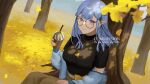  1girl autumn_leaves bangs black_shirt blue_hair blue_sweater breasts brown_skirt commission cup e5nf8v english_text glasses hair_behind_ear hand_on_own_thigh highres holding holding_cup indie_virtual_youtuber looking_at_viewer medium_breasts off_shoulder pointy_ears purple_eyes rae_laveire round_eyewear shirt shirt_tucked_in sitting skeb_commission skirt smile solo sweater tree virtual_youtuber 