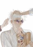  1girl 2boys closed_mouth collared_shirt commentary_request getou_suguru glasses gojou_satoru hand_in_another's_hair headpat highres holding holding_manga ieiri_shoko jujutsu_kaisen male_focus manga_(object) multiple_boys naspibon_ox round_eyewear shirt short_hair simple_background solo_focus upper_body white_background white_hair white_shirt 