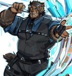 1boy absurdres animal_ears bara beard belly black_necktie black_pants black_vest blue_eyes blue_shirt brown_fur claws collared_shirt facial_hair fangs fangs_out fingerless_gloves furry furry_male gloves graysheartart highres holding holding_scythe holding_weapon hrothgar_(edeued) jaguar_ears large_pectorals lion_boy lion_ears lion_tail looking_at_viewer male_focus mature_male muscular muscular_male necktie original over_shoulder pants pectorals plump scythe shirt short_hair smile solo sparkle tail thick_thighs thighs tusks vest weapon weapon_over_shoulder white_background 