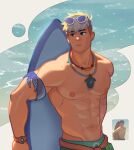  1boy abs absurdres armband asymmetrical_hair belt_pouch blonde_hair brown_eyes clothes_around_waist collarbone drawstring eyewear_on_head groin highres holding holding_behind_back jewelry jon_(jonigiri) large_pectorals looking_to_the_side multiple_necklaces muscular muscular_male necklace nipples ocean overwatch pants pectoral_cleavage pectorals pendant pouch sidecut sunglasses surfboard topless_male undercut watch wristwatch wuyang_(overwatch) wuyang_(poolside)_(overwatch) 