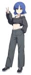  1girl alternate_costume black_pants black_shoes blue_hair bocchi_the_rock! collarbone commentary cropped_shirt full_body hanavvi hand_in_pocket highres looking_at_viewer midriff mole mole_under_eye navel pants shoes short_hair simple_background sleeves_past_wrists sneakers solo v white_background yamada_ryo yellow_eyes 
