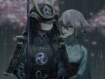  2girls alternate_costume animal_ear_piercing animal_ears armor blurry blurry_background blush cherry_blossoms commentary couple embarrassed english_commentary engulfing_lightning_(genshin_impact) fox_ears fox_girl full_armor genshin_impact hair_between_eyes height_difference helmet highres holding holding_polearm holding_weapon japanese_armor japanese_clothes leaning_on_person leaning_to_the_side long_sleeves looking_at_another looking_to_the_side miko mitsudomoe_(shape) mole mole_under_eye multiple_girls open_mouth outdoors pachix2_corgi parted_lips pink_hair polearm purple_eyes purple_hair raiden_shogun rain shogun shy tomoe_(symbol) tree weapon wide_sleeves yae_miko yuri 
