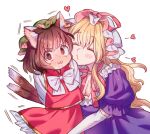  2girls :3 animal_ear_fluff animal_ear_piercing animal_ears blonde_hair blush bow bowtie breasts cat_ears cat_tail chen choker cleavage commentary_request dress earrings frilled_skirt frills gloves green_hat hat hat_ribbon heart hoop_earrings jewelry large_breasts long_hair masanaga_(tsukasa) mob_cap multiple_girls multiple_tails nekomata purple_dress purple_ribbon red_skirt red_vest ribbon ribbon_choker shirt simple_background single_earring skirt tail touhou two_tails very_long_hair vest white_background white_bow white_bowtie white_gloves white_shirt yakumo_yukari 
