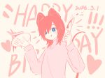  1boy :q birthday_cake blue_eyes cake chinese_commentary commentary_request dated food hair_over_one_eye happy_birthday harumi_yuu highres holding holding_knife knife looking_at_viewer mouse_boy pink_shirt pink_theme qian_ceng_su shirt smile solo swept_bangs this_game_is_not_real tongue tongue_out turtleneck turtleneck_shirt 