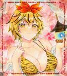  1girl alternate_costume alto2019 animal_print bikini bishamonten's_pagoda black_hair blonde_hair blush breasts cleavage closed_mouth collarbone commentary_request hagoromo highres large_breasts marker_(medium) print_bikini qr_code red_background scarf shawl short_hair signature solo sweatdrop swimsuit tiger_print toramaru_shou touhou traditional_media upper_body watermark white_scarf yellow_bikini yellow_eyes 