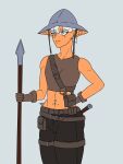  1girl blue_eyes commentary earrings elf english_commentary grey_background highres jewelry kettle_helm lordspire midriff mole mole_on_stomach mole_under_eye multiple_moles original pointy_ears self-upload solo stomach_piercing white_hair 