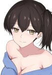  1girl alternate_costume black_hair breasts brown_eyes cleavage collarbone commentary_request highres kaga_(kancolle) kantai_collection ken_(shutenndouji1) large_breasts long_hair looking_at_viewer off_shoulder side_ponytail simple_background solo upper_body white_background 