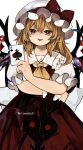  1girl :p ace_(playing_card) ace_of_spades blonde_hair bow card commentary flandre_scarlet frilled_shirt_collar frills hat hat_bow hat_ribbon highres holding holding_card laevatein_(touhou) long_hair looking_at_viewer mob_cap niseneko_(mofumofu_ga_ienai) playing_card puffy_short_sleeves puffy_sleeves red_bow red_eyes red_ribbon red_skirt red_vest ribbon shirt short_sleeves simple_background skirt solo spade_(shape) tongue tongue_out touhou twitter_username untranslatable_commentary vest white_background white_hat white_shirt wings wrist_cuffs 