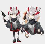  1girl ? antenna_hair antennae arknights black_gloves black_jacket black_pantyhose black_scarf black_shoes black_skirt commentary confused demon_girl demon_horns demon_tail explosive fingerless_gloves full_body gloves grenade grey_background grey_hair grey_shirt hair_between_eyes horns jacket multiple_views odmised open_clothes open_jacket open_mouth orange_eyes pantyhose pointing scarf shirt shoes short_hair simple_background skirt smile smug sweat tail w_(arknights) white_background yellow_eyes 