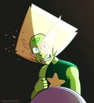  1girl artist_name black_background blonde_hair clenched_teeth colored_skin commentary face_shield fangs forehead_jewel gem gem_(steven_universe) green_eyes green_gem green_skin hand_up highres looking_at_viewer official_style peridot_(steven_universe) simple_background solo star_(symbol) steven_universe teeth timehuntress triangle-shaped_hair upper_body 