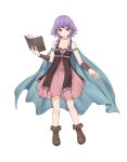  1girl bare_shoulders blue_cape book boots cape collarbone commentary_request copyright_request dress expressionless full_body hair_over_shoulder highres holding holding_book long_hair looking_at_viewer low_twintails miyo_(ranthath) open_book purple_eyes purple_hair simple_background sleeveless sleeveless_dress solo twintails white_background 