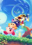  armor bandana bandana_waddle_dee blush_stickers carrying cloak creature grass highres king_dedede kirby kirby&#039;s_return_to_dream_land kirby_(series) looking_at_another lor_starcutter magolor mask meta_knight moon no_humans open_mouth pauldrons piggyback rainbow shoulder_armor sky suyasuyabi tree 