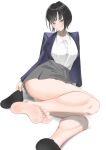  1girl bare_legs barefoot black_hair black_socks blue_eyes blue_jacket breasts closed_mouth collared_shirt commentary_request con_(con04_16) feet foot_focus foot_out_of_frame grey_skirt highres holding holding_sock holding_unworn_clothes jacket large_breasts legs long_sleeves looking_at_viewer miniskirt open_clothes open_jacket original shirt short_hair simple_background single_sock sitting skirt smile socks soles solo toes unworn_socks white_shirt 