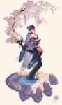  1girl absurdres armor artist_name asymmetrical_sleeves benpao_de_ruoji blue_pupils book braid breasts bridal_gauntlets cherry_blossoms chewing cleavage closed_mouth clothing_cutout commentary dango dango_milk_(genshin_impact) eating flower food full_body genshin_impact gradient_hair hair_ornament head_tilt highres holding holding_book holding_food huge_breasts in_tree japanese_clothes kimono large_breasts light_blush long_braid looking_at_viewer mechanical_hands mitsudomoe_(shape) mole mole_under_eye multicolored_eyes multicolored_hair neck_ribbon off_shoulder open_book purple_eyes purple_hair purple_kimono raiden_shogun red_ribbon red_sash ribbon sash shade shoulder_armor shoulder_cutout single_braid single_mechanical_hand sitting sitting_in_tree solo thighhighs tomoe_(symbol) tree uneven_sleeves wagashi water wide_sleeves wisteria yellow_background 