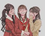  3girls ^_^ animification blue_ribbon blunt_bangs brown_cardigan brown_dress brown_hair cardigan closed_eyes commentary_request dress facing_viewer flower grey_background grin hair_flower hair_ornament hair_ribbon half_updo hasu_no_sanrenka hasu_no_sora_school_uniform highres kan_kanna link!_like!_love_live! long_hair long_sleeves love_live! mame_orca multiple_girls neckerchief nirei_nozomi nonaka_kokona open_cardigan open_clothes pink_flower real_life red_neckerchief red_ribbon ribbon sailor_collar sailor_dress school_uniform simple_background sleeves_past_wrists smile twintails voice_actor white_sailor_collar winter_uniform 