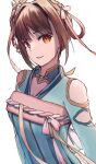  1girl bare_shoulders brown_hair chinese_clothes commentary_request hair_ribbon heaven_burns_red highres li_yingxia looking_at_viewer orange_eyes phant0m ribbon simple_background 