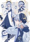 1boy 1girl absurdres animalization beret black_boots blue_eyes blue_hair blue_hat blue_scarf blue_shirt boots border character_name chibi chimera_(honkai:_star_rail) chinese_commentary chinese_text closed_mouth coat collared_shirt commentary_request credit_card ear_cuffs glint grey_background hair_between_eyes hair_intakes halo halo_behind_head hat head_wings highres honkai:_star_rail honkai_(series) lace-up_boots lizi_cai long_hair long_sleeves looking_at_viewer male_focus multicolored_eyes multiple_views outline outside_border parted_lips scarf shirt sidelocks simple_background smile star_(symbol) stelle_(honkai:_star_rail) sunday_(honkai:_star_rail) sunday_(impression)_(honkai:_star_rail) trailblazer_(honkai:_star_rail) translation_request two-tone_eyes white_border white_coat white_outline wing_collar wings yellow_eyes 