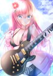  absurdres blue_eyes blush bocchi_the_rock! commentary_request flower gotou_hitori guitar hair_between_eyes hair_ornament highres holding holding_instrument instrument jacket jersey long_hair long_sleeves maddo_(gasser_0518) ocean open_clothes open_jacket pink_hair plectrum sky swimsuit track_jacket track_suit 