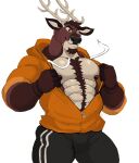 abs anthro aroused aroused_male barazoku bedroom_eyes belly_hair biceps big_bulge big_muscles big_pecs black_bottomwear black_clothing black_pants body_hair bottomwear brown_body brown_chest_hair brown_eyes brown_facial_hair brown_fur brown_goatee brown_hair bulge chest_tuft clothed clothing cocky cocky_grin darknaigart deer drawstring drawstring_clothing drawstring_hoodie drawstring_topwear erection erection_under_clothing erection_under_pants exposed_chest facial_hair flirting flirting_look flirting_with_viewer fur goatee grin grinning_at_viewer hair hi_res hoodie inviting inviting_to_sex inviting_viewer jogging_pants looking_at_viewer male male/male mammal manly muscular muscular_anthro muscular_arms muscular_male muscular_thighs narrowed_eyes nipples offering_sex offering_to_viewer open_clothing open_hoodie open_topwear orange_clothing orange_hoodie orange_topwear pants pecs pose presenting presenting_body presenting_pecs seducing_viewer seductive showing_off_muscles simple_background smile smiling_at_viewer smirk smirking_at_viewer solo standing tenting thick_arms thick_thighs topwear tuft white_background white_body white_fur