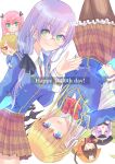  6+girls absurdres aikawa_megumi asakura_karen_(heaven_burns_red) blonde_hair blue_eyes bow bowtie brown_hair commentary_request glasses green_eyes hair_tie happy_birthday haru_meguru heaven_burns_red highres izumi_yuki_(heaven_burns_red) kayamori_ruka kunimi_tama long_hair multiple_girls neck_ribbon pink_eyes pink_hair red_bow red_bowtie red_eyes ribbon school_uniform short_hair simple_background toujou_tsukasa 