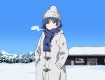  1girl blue_hair blue_scarf blue_sky bocchi_the_rock! breath closed_mouth coat commentary_request cowboy_shot ear_piercing hair_ornament hair_over_one_eye hairclip hand_in_pocket hat highres house looking_at_viewer mantan2222 mole mole_under_eye mountainous_horizon outdoors parallel_hairclips piercing scarf short_hair sky smile solo standing tree white_coat white_hat window winter winter_clothes yamada_ryo yellow_eyes 