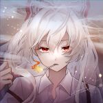  1girl bangs bow cigarette collared_shirt commentary fujiwara_no_mokou hair_bow hand_up highres long_hair looking_at_viewer portrait red_bow red_eyes rokuya_(68_zusao) shirt signature smoke smoke_trail smoking solo suspenders suspenders_slip touhou two-tone_bow white_bow white_hair white_shirt 