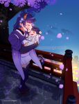  1boy 1girl absurdres alternate_costume alternate_universe arms_up artist_name baby blue_sky blurry blurry_background blush bridal_gauntlets carrying cherry_blossoms clenched_hands closed_eyes commission commissioner_name creator_and_creation english_commentary eyeliner falling_petals from_above from_side full_body genshin_impact hair_ornament happy highres imminent_kiss japanese_clothes kimono kiss kissing_forehead makeup monochromepen mother_and_child mother_and_son night open_mouth outdoors petals purple_hair purple_kimono raiden_shogun red_eyeliner scaramouche_(genshin_impact) scaramouche_(kabukimono)_(genshin_impact) shade shadow sky smile standing thighhighs tree 